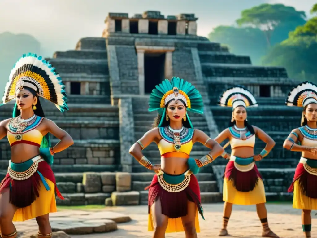 Espectáculo de danza y música maya en ruinas antiguas al atardecer