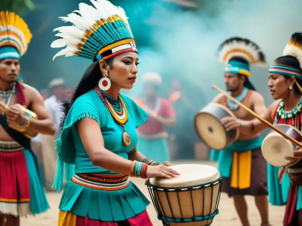 Espectáculo maya de danzas rituales con instrumentos musicales tradicionales en una plaza vibrante