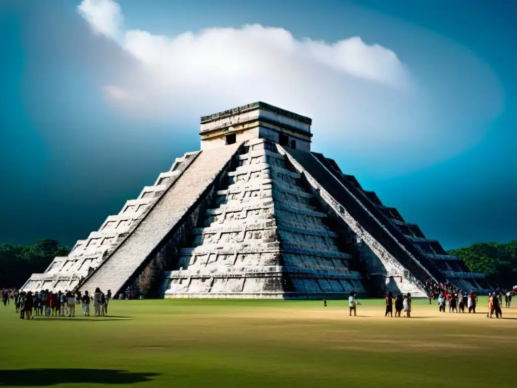 Espectáculo de la serpiente descendente en la pirámide de Kukulkán durante el equinoccio en Chichén Itzá, muestra la astronomía en la civilización maya