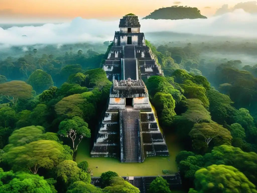 Espléndida vista aérea de Tikal al amanecer, resaltando templos y la exuberante jungla