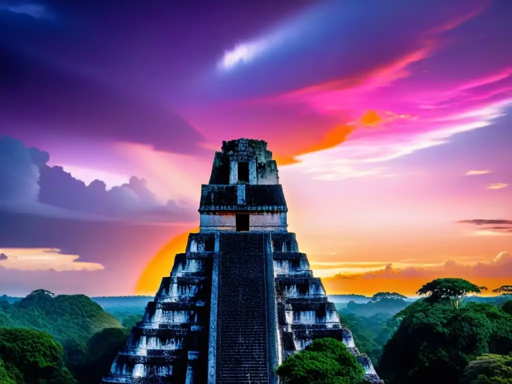 Puesta de sol épica sobre ruinas mayas en Tikal Espléndido atardecer sobre ruinas mayas de Tikal, con siluetas de templos y colores vibrantes