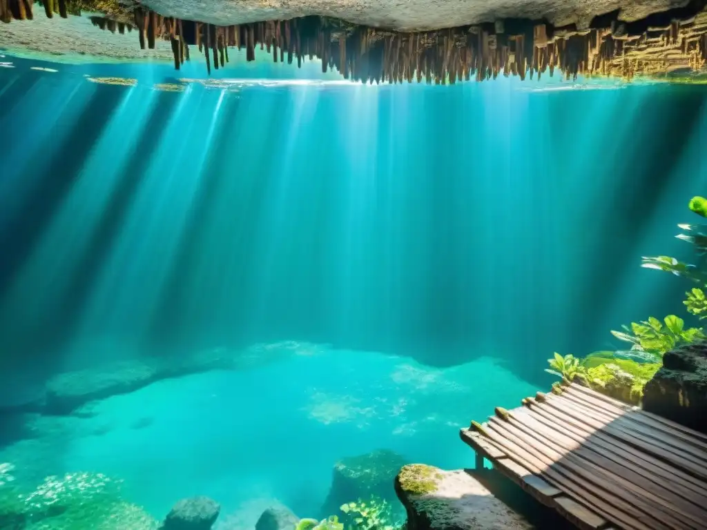 Espléndido cenote en la Península de Yucatán con aguas turquesa y vegetación exuberante, reflejando mitos de la creación maya