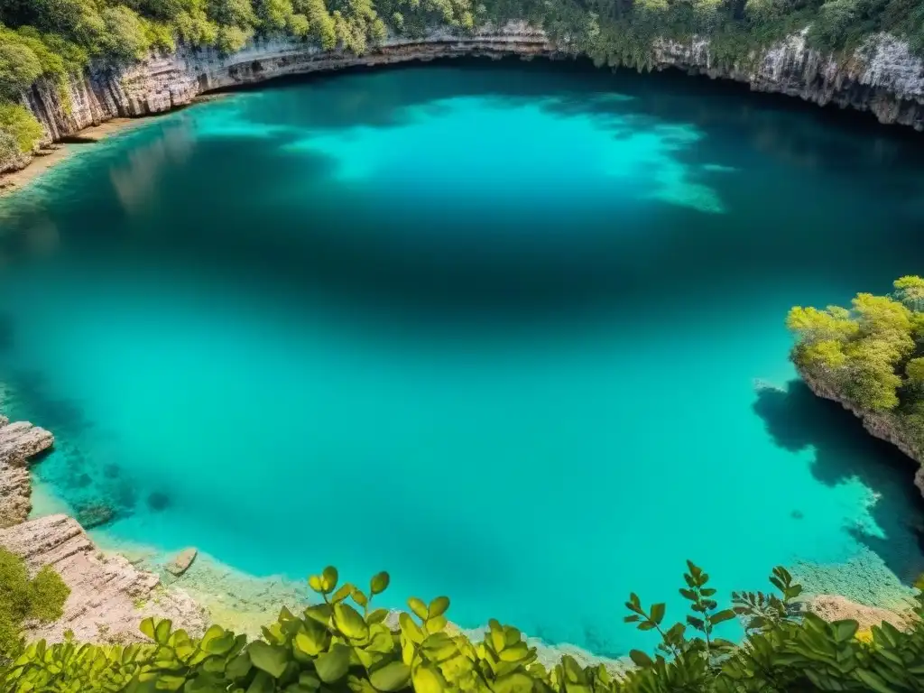 Espléndido Cenote Ik Kil en México, aguas turquesas rodeadas de vegetación, reflejos de luz solar