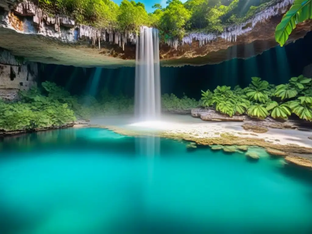 Espléndido cenote en la exuberante jungla de la Península de Yucatán, reflejando la belleza de los cenotes en arte maya