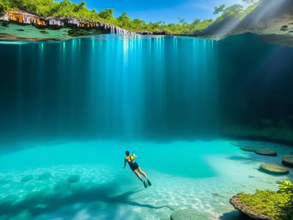 Espléndido cenote IkKil rodeado de vegetación exuberante y raíces colgantes, revelando maravillas naturales