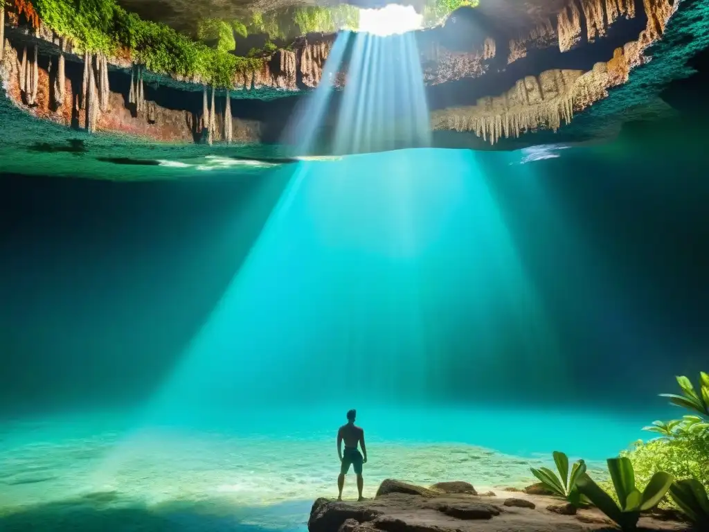 Espléndido cenote en la selva, reflejando la importancia de cenotes en comercio maya