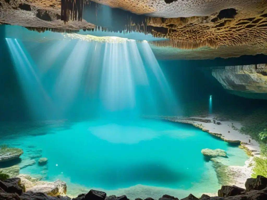 Espléndido cenote subterráneo en la Península de Yucatán con formaciones rocosas, agua turquesa y artefactos mayas