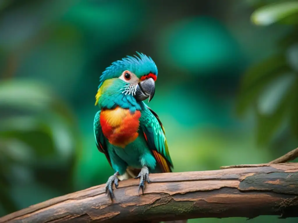 Espléndido Quetzal en la mitología maya, plumaje verde y rojo brillante en la selva