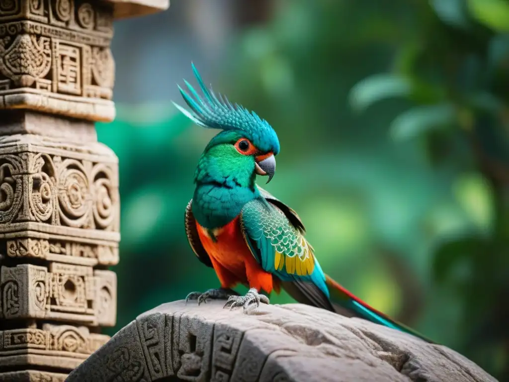 Espléndido Quetzal posado en templo maya con plumaje verde, reflejando la belleza de especies endémicas templos mayas