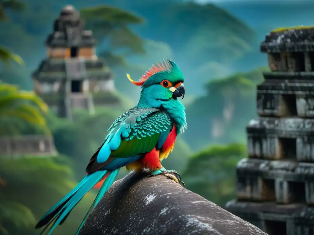 Espléndido Quetzal en templo maya con especies endémicas al amanecer