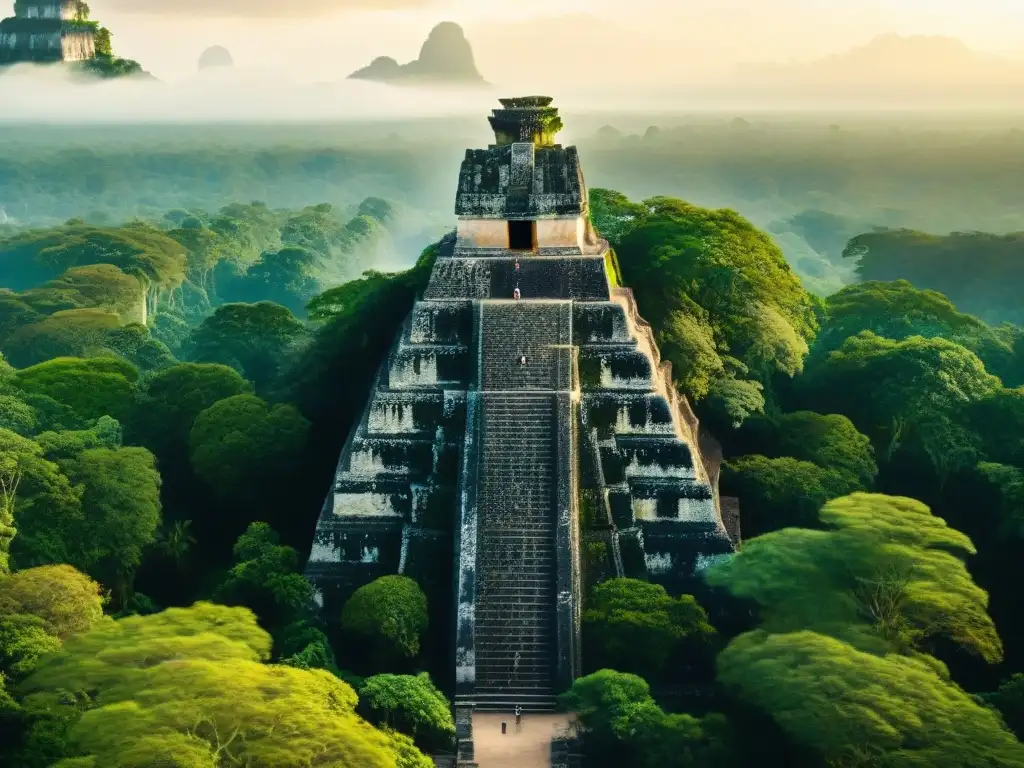 Esplendor de las antiguas ruinas mayas en Tikal al amanecer, revelando historia y misterio de la civilización