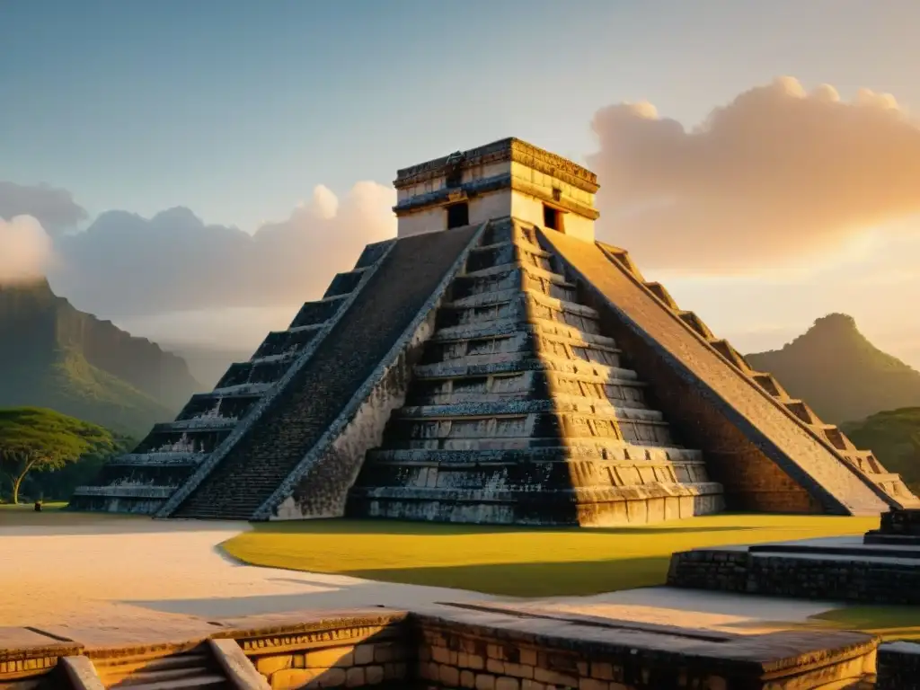 Esplendor de la arquitectura maya en diseño contemporáneo bajo la luz dorada del atardecer