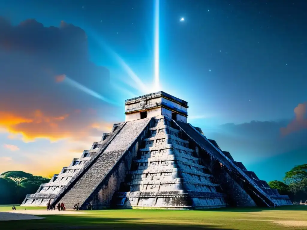 Templo de Kukulkán en Chichén Itzá: precisión astronómica maya Esplendor celeste en la arquitectura maya: detallada imagen del Templo de Kukulkán en Chichén Itzá durante los equinoccios