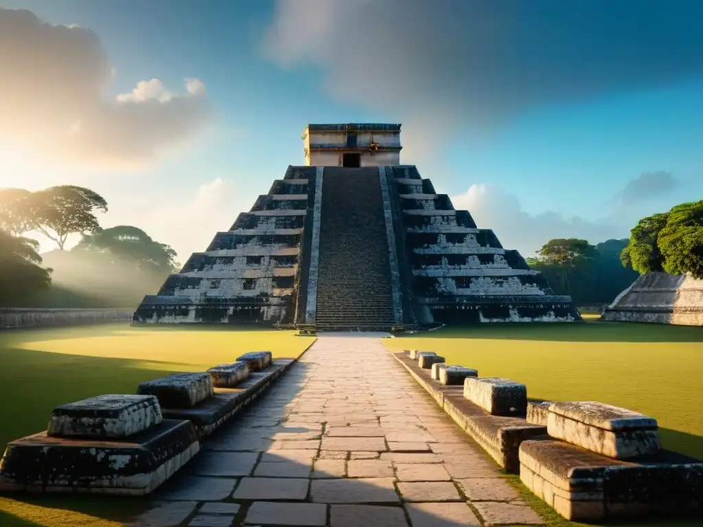 Esplendor de la civilización maya en el amanecer de Chichén Itzá: El Castillo destaca entre la exuberante vegetación