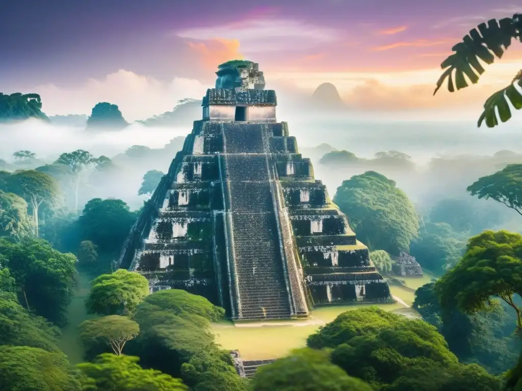 Esplendor maya en Tikal al amanecer, con pirámides entre la selva verde y neblina mística