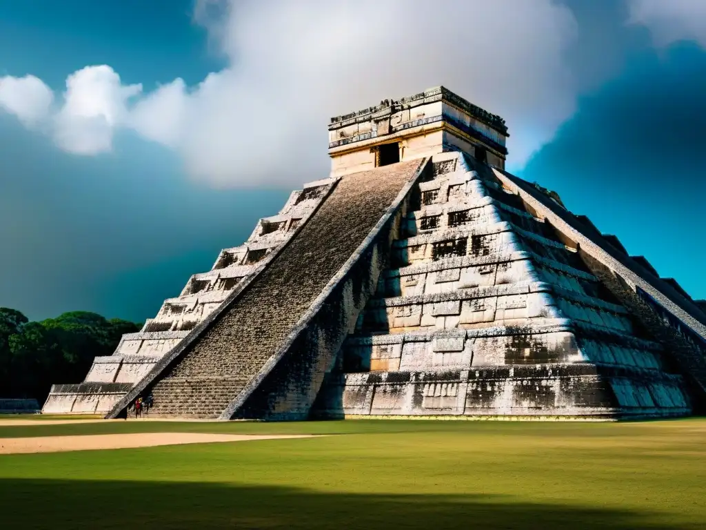 Esplendor de la Pirámide de Kukulcán en Chichen Itza durante el equinoccio, reflejando la civilización maya