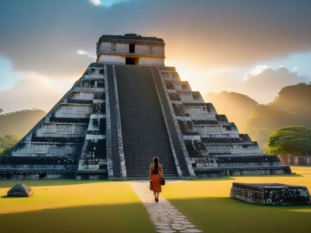 Esplendor del Templo Siete Muñecas en equinoccio maya: sombra perfecta del sol sobre escalinatas, visitantes maravillados