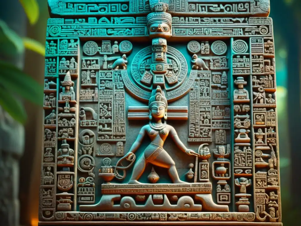 Una estela maya antigua con bloques de glifos detallados que cuentan historias, resaltando el significado de la escritura maya