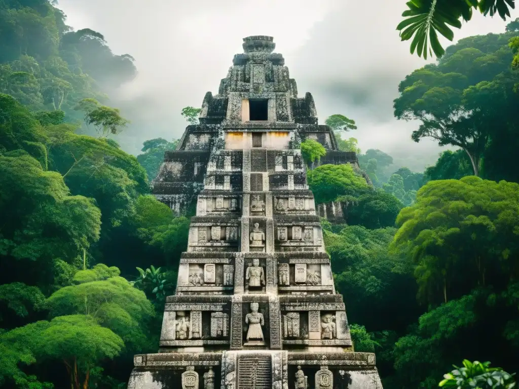 Una estela maya detallada en la antigua ciudad de Tikal, rodeada de exuberante selva, reflejando el legado cultural civilización maya