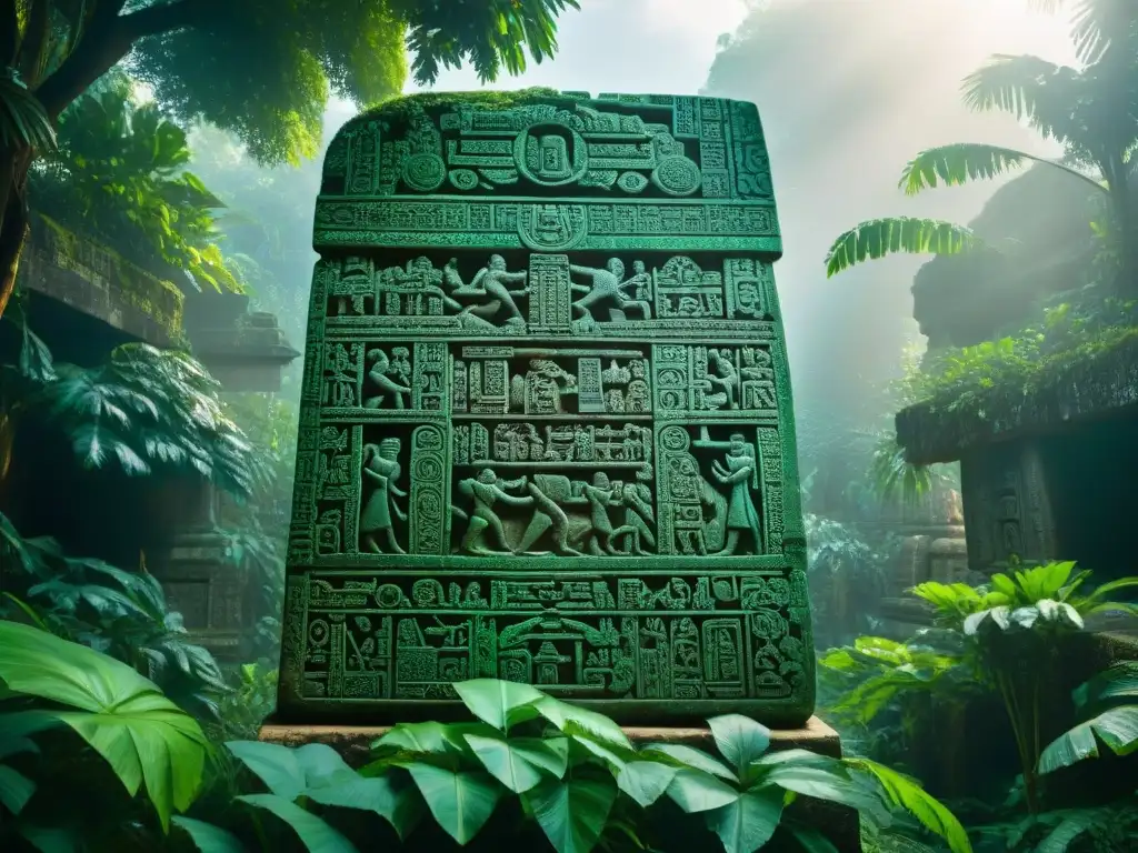 Estela maya detallada en la selva, impacto turismo en sitios mayas