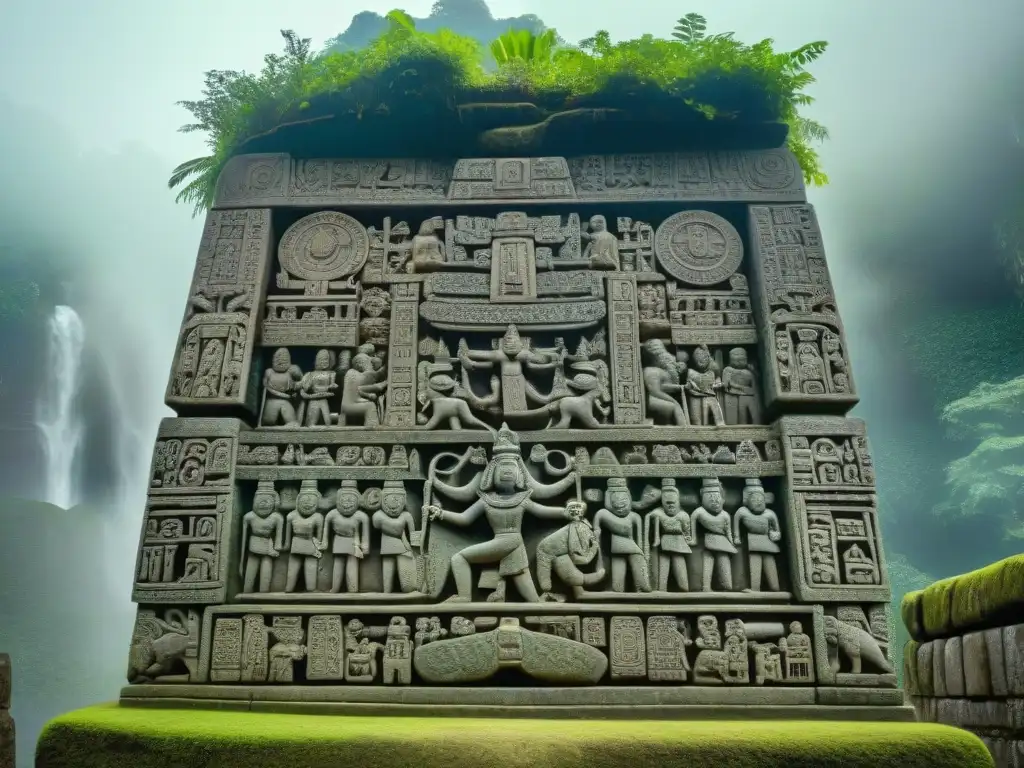 Estela maya con historias talladas en piedra, en Quiriguá, destacando la civilización maya