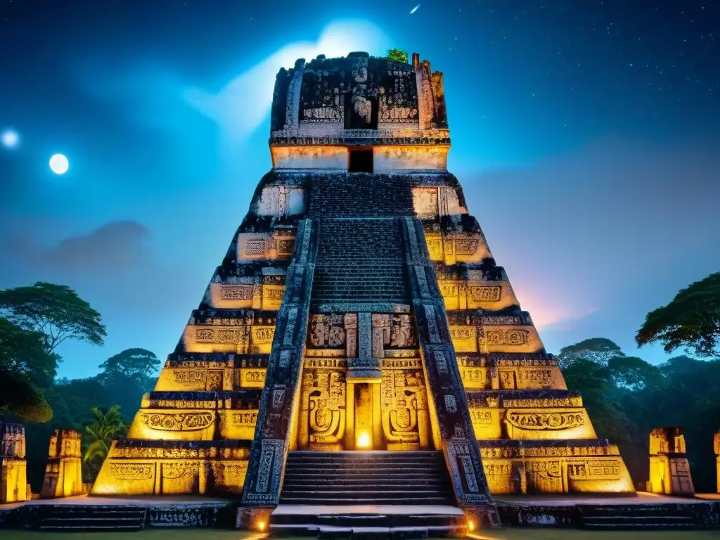 Estela maya iluminada en Tikal, con símbolos celestiales bajo un cielo estrellado