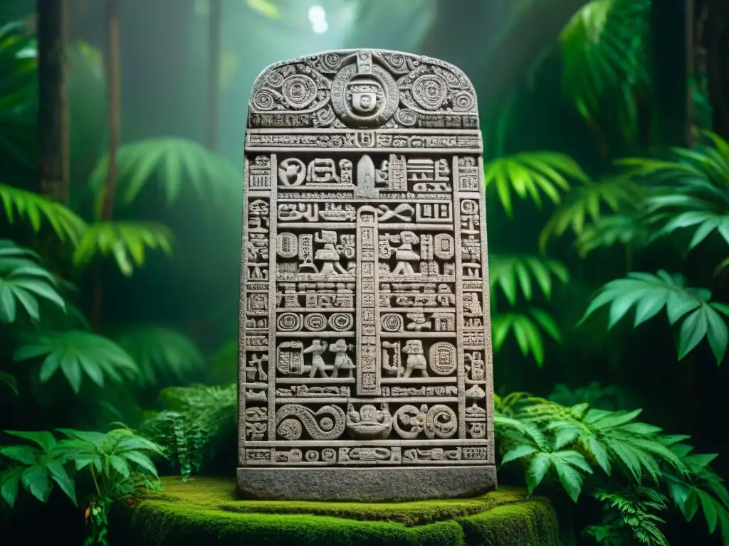 Un estela maya con intrincados glifos en la selva, resaltando el significado de los glifos mayas