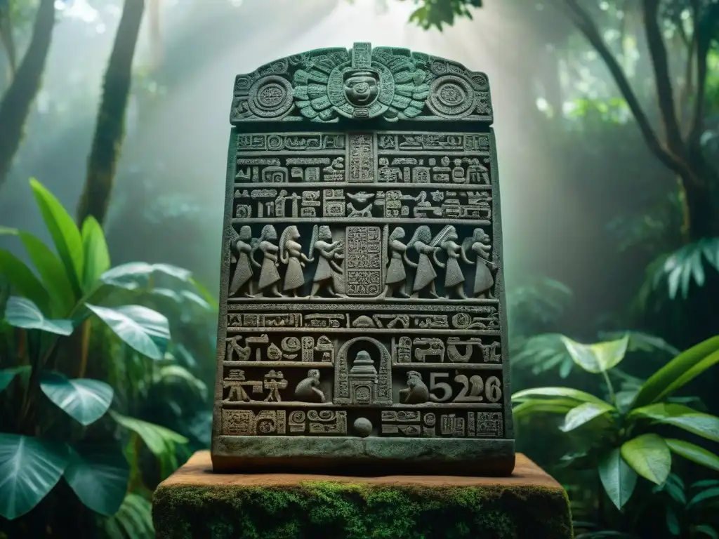 Estela maya tallada con glifos del Calendario Maya en la exuberante jungla, reflejo del dominio ancestral en la Cuenta Larga