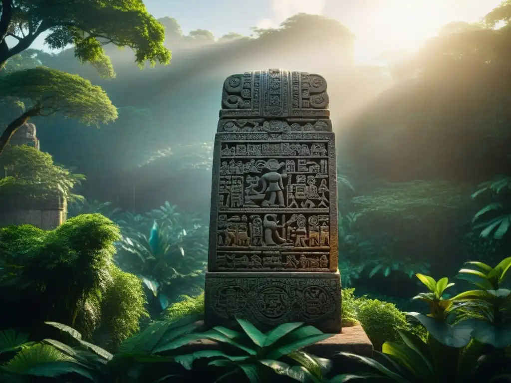 Una estela de piedra maya tallada con hieroglíficos rodeada de figuras mitológicas y símbolos celestiales en la selva mesoamericana