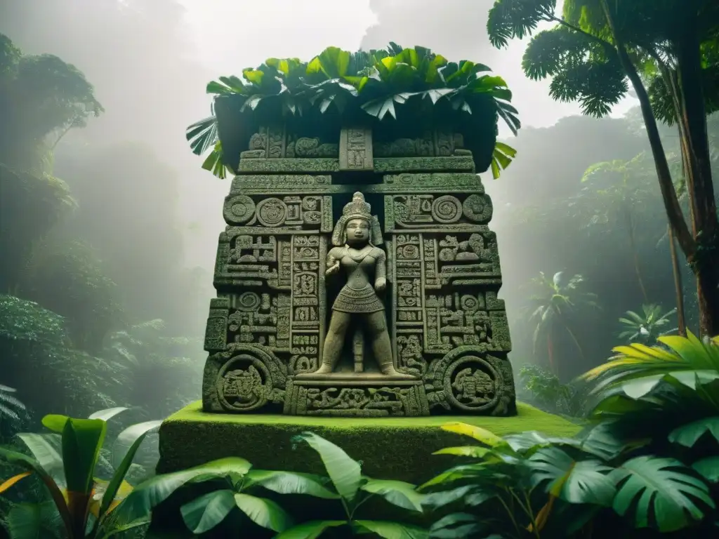 Una estela de piedra tallada en la selva, cubierta de vegetación, con jeroglíficos mayas