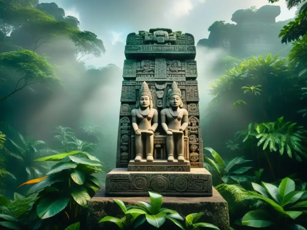 Estela maya de Ixpiyacoc e Ixmucané: leyenda tallada en piedra Estela tallada de los Abuelos creadores de la mitología maya, con tronos y joyas en selva exuberante