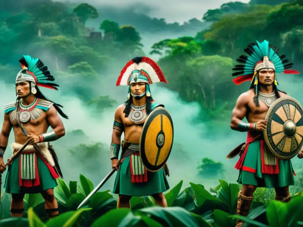 Batalla épica: Guerreros mayas en formación estratégica Estrategia guerreros mayas entrenamiento: Mayas en formación con armas tradicionales en la jungla