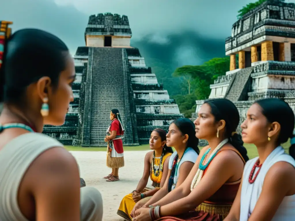 Estudiantes escuchan a anciano maya en ruinas antiguas, Conciencia cultural Maya educación