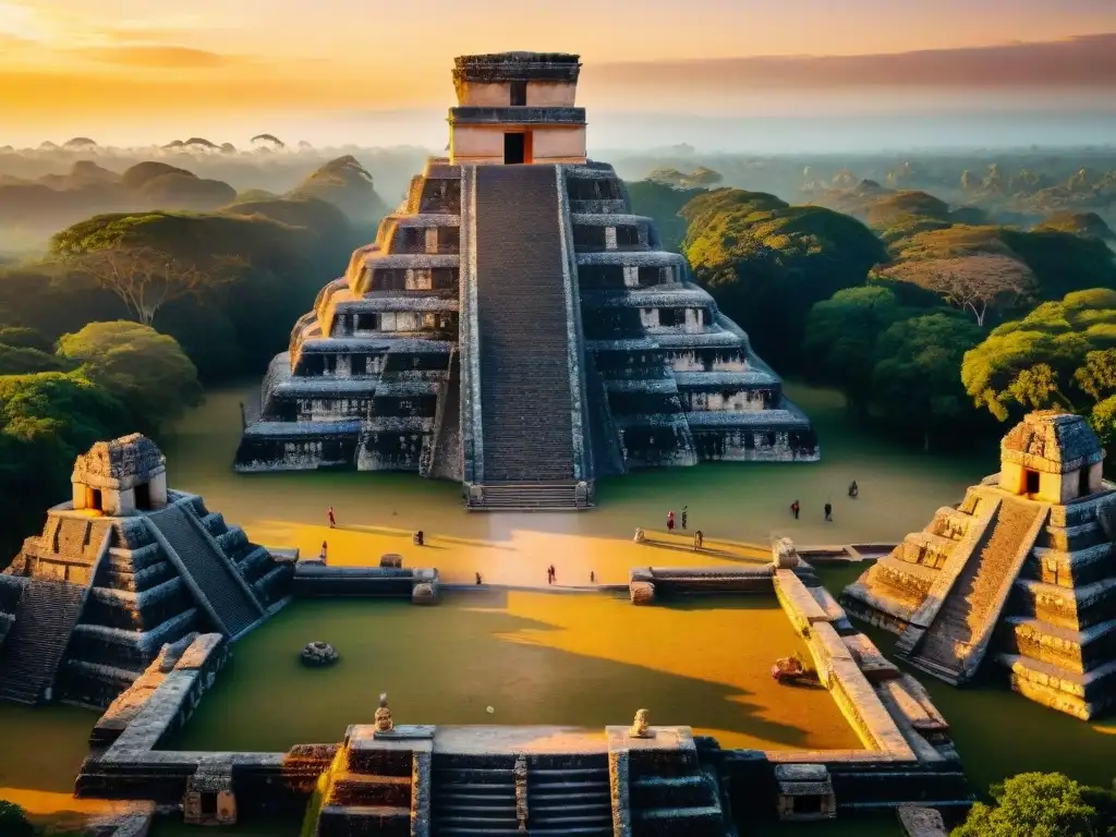 Estudiantes usando apps educativas de arquitectura y astronomía maya en un templo al atardecer