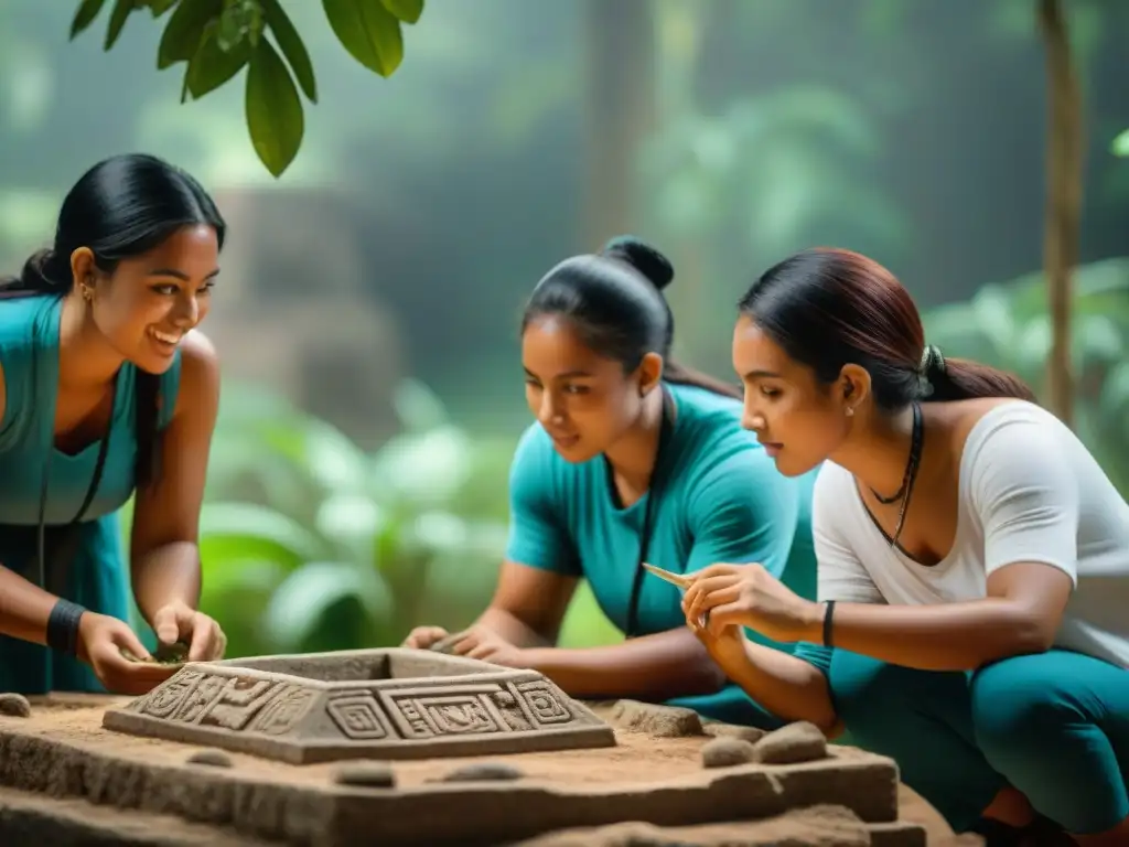 Estudiantes descubriendo artefactos en taller arqueológico maya, integrando educación y preservación cultural