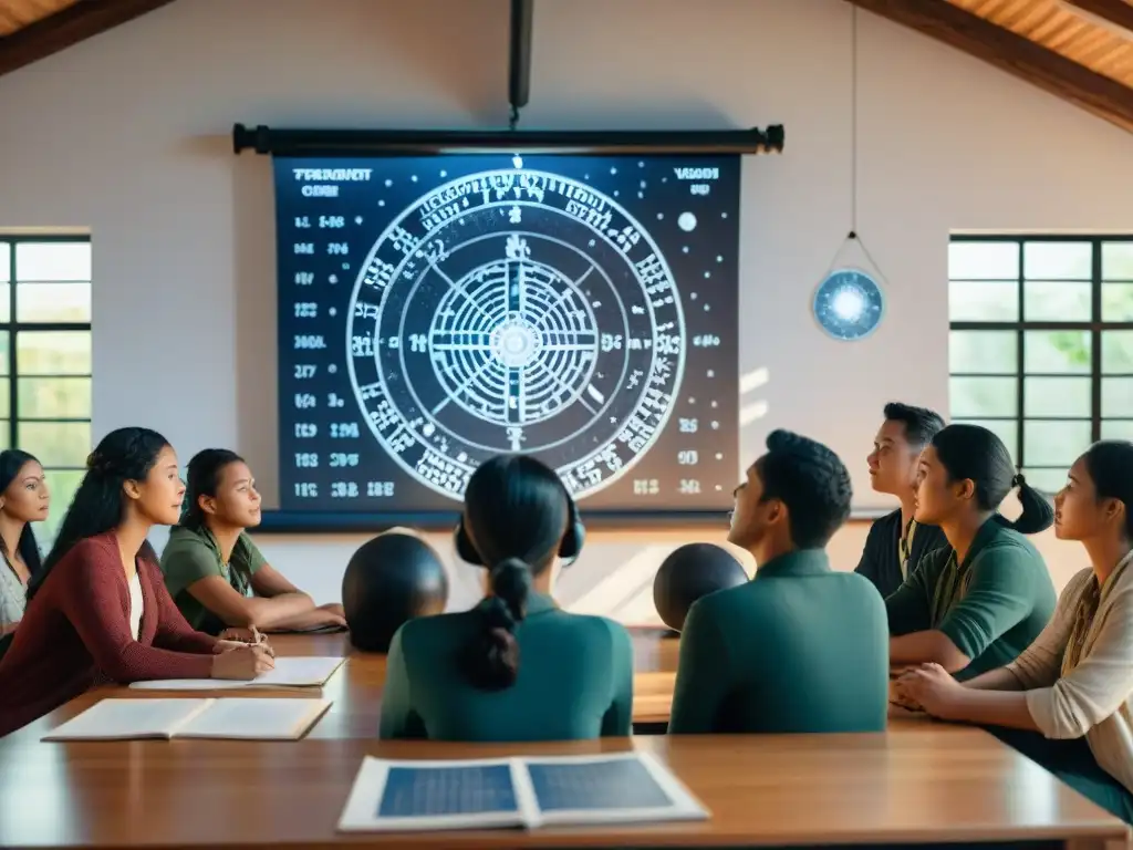 Estudiantes aprendiendo sobre la astronomía maya en un aula iluminada por la luz natural