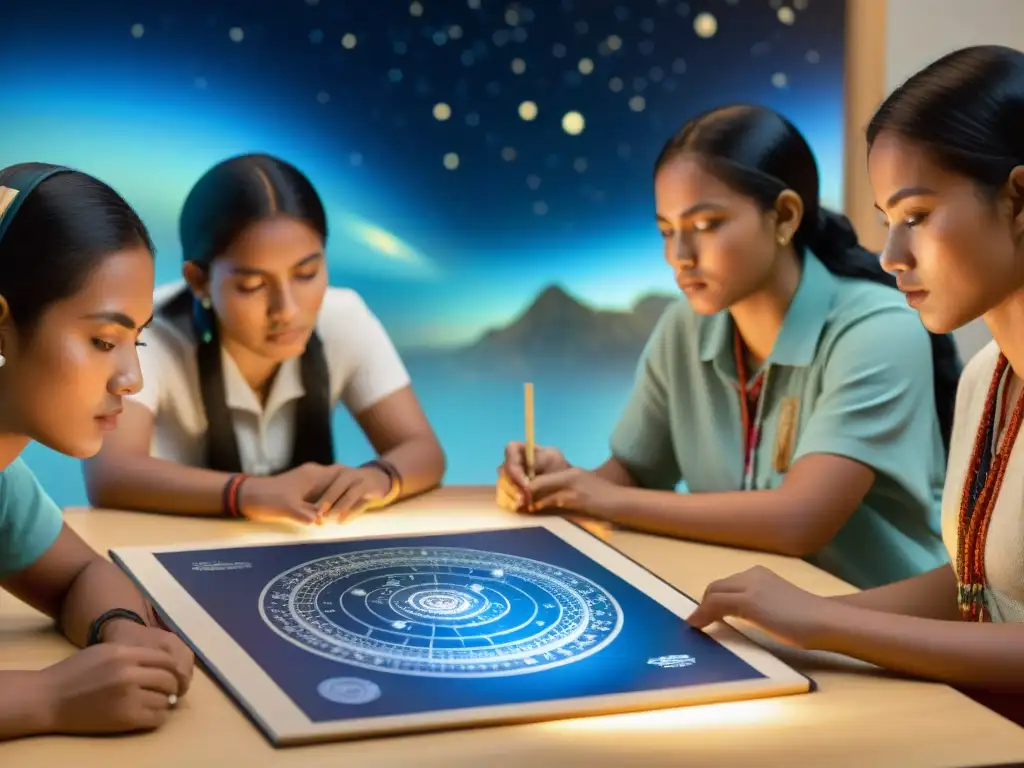 Estudiantes cautivados por la cosmología maya en educación, explorando el cosmos con asombro en aula moderna