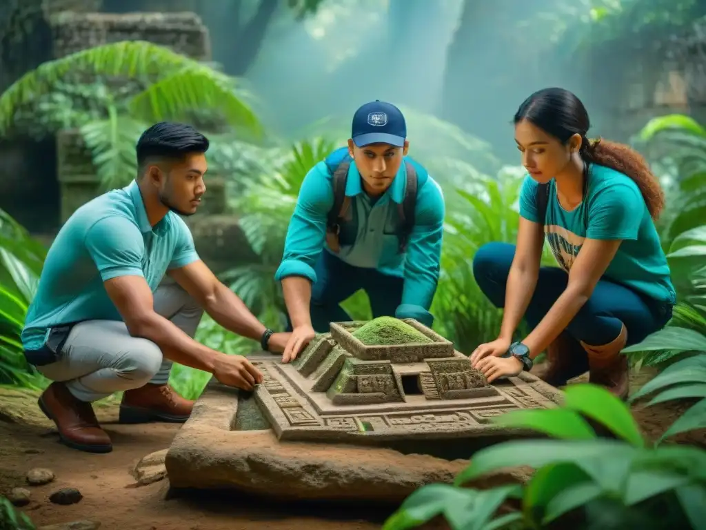 Estudiantes en excavación arqueológica en ruinas mayas con guía experto