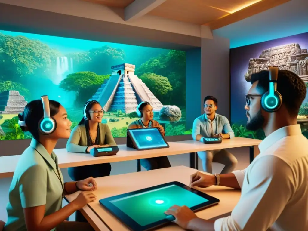 Estudiantes inmersos en gamificación educativa civilización maya en aula virtual futurista