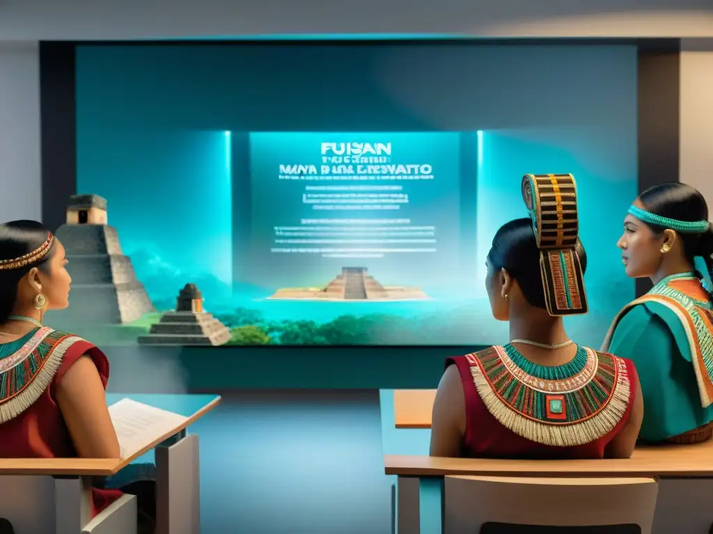 Estudiantes explorando educación maya interactiva 3D en aula moderna con hologramas de estructuras y símbolos mayas