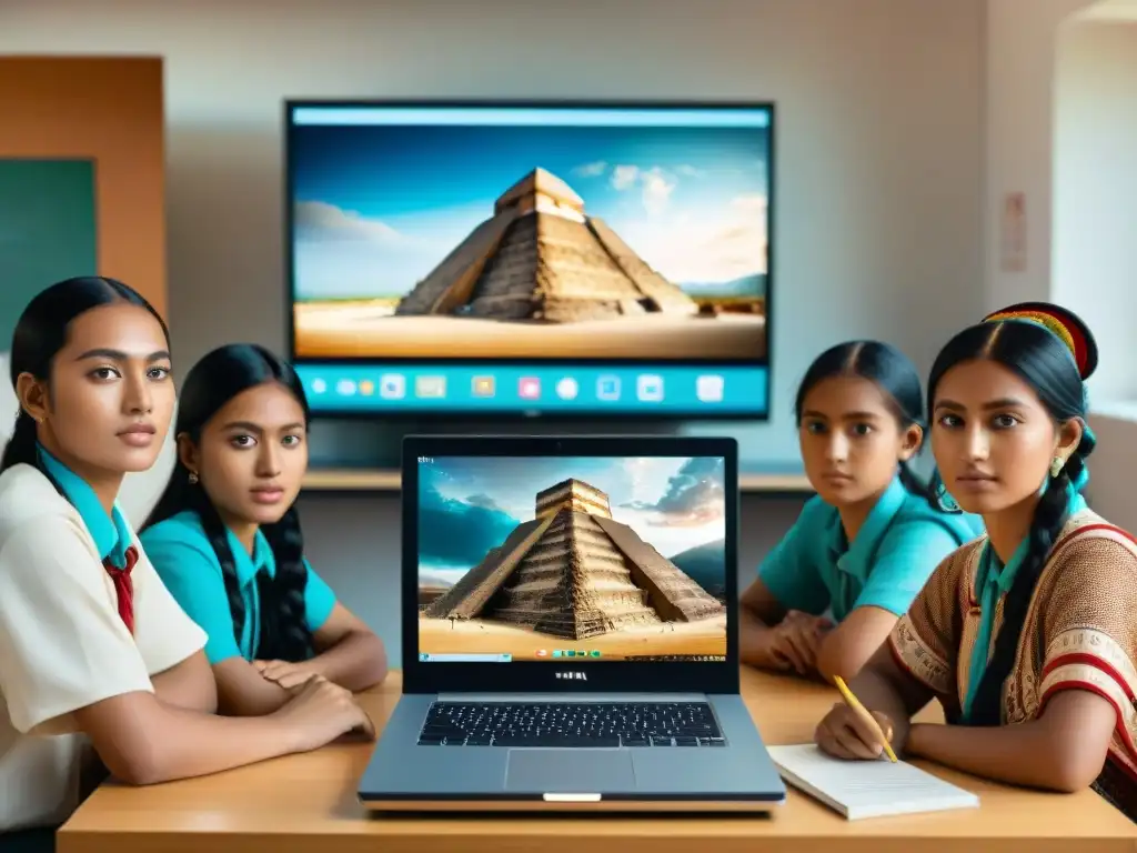 Estudiantes mayas exploran software educativo sobre cultura Maya en aula moderna