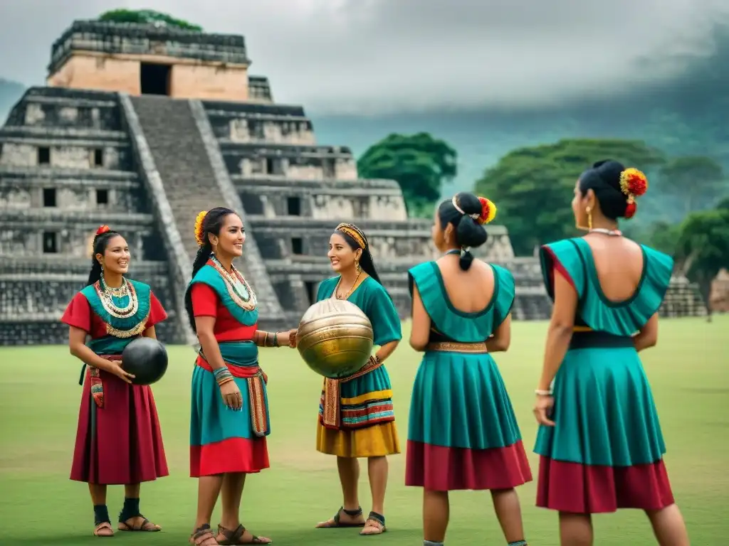 Estudiantes modernos en ropa maya juegan juego de pelota en ruinas antiguas