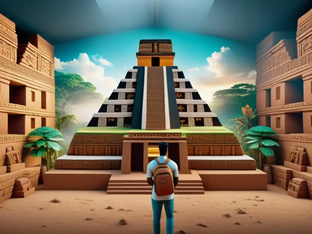 Réplica 3D de templo maya cautiva a estudiantes en aula virtual Estudiantes interactúan con réplica 3D de templo maya en clase, fusionando pasado y tecnología para educación y preservación
