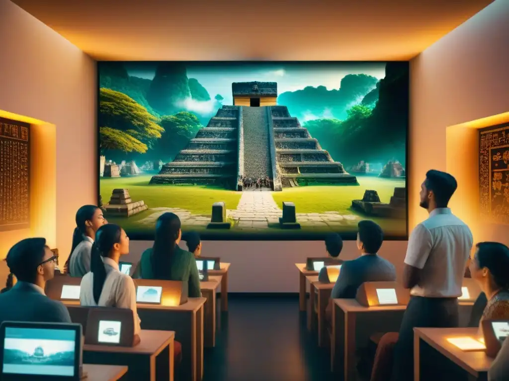 Estudiantes interactúan con videojuego educativo sobre civilización maya en pantalla gigante, fusionando historia y tecnología moderna