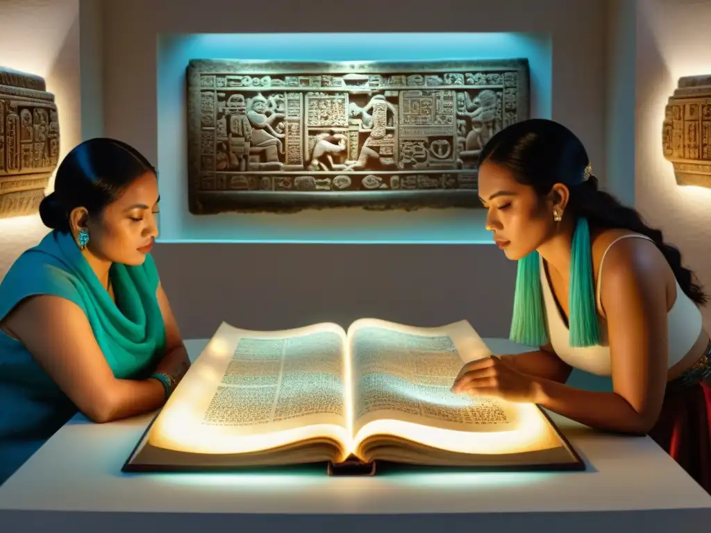 Estudio detallado de códice maya por eruditos bajo luz suave, destacando glifos y colores vibrantes