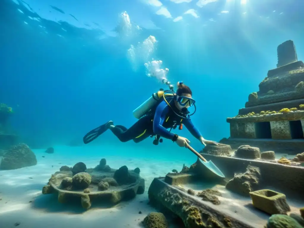 Excavación arqueológica submarina de civilización maya: equipo descubre artefactos con precisión en agua azul cristalina