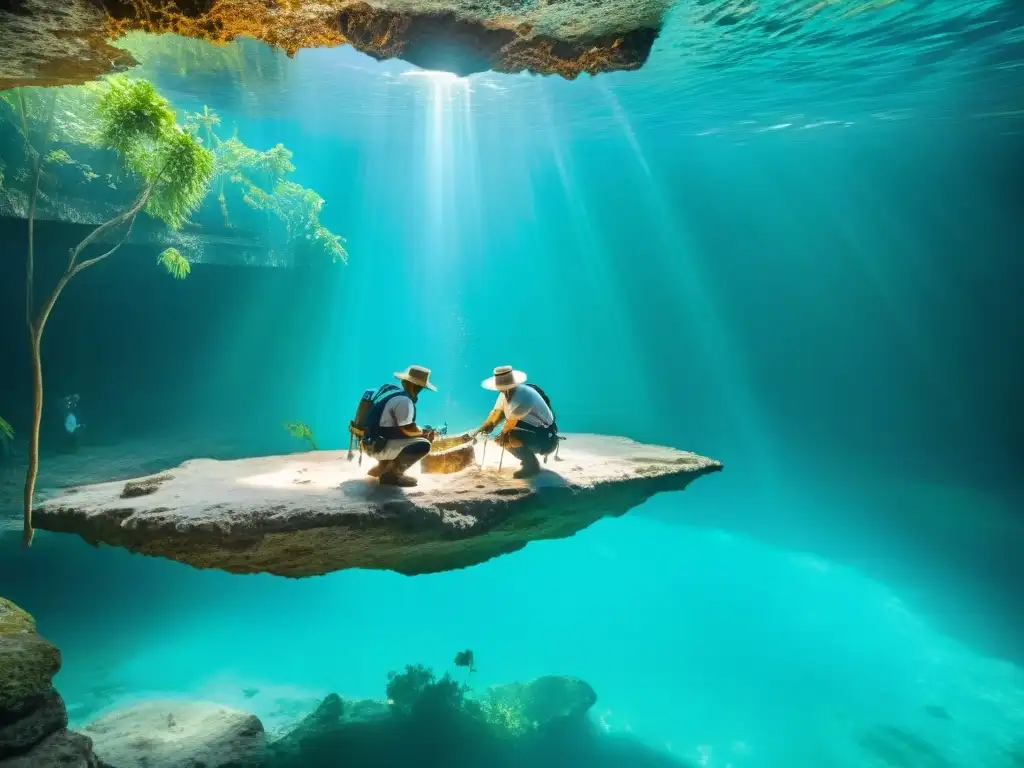 Excavación de arqueólogos en cenote sagrado maya, rodeados de naturaleza exuberante y aguas turquesas