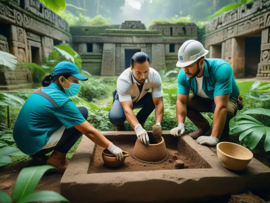 Excavación de artefactos mayas en selva exuberante: hallazgo de olla con restos de comida tradicional, esculpida con jeroglíficos