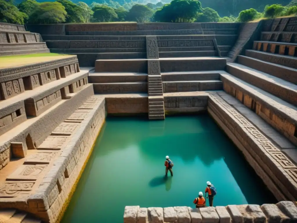 Excavación detallada de arqueólogos en una antigua cisterna maya, revelando secretos aguadas mayas culturales