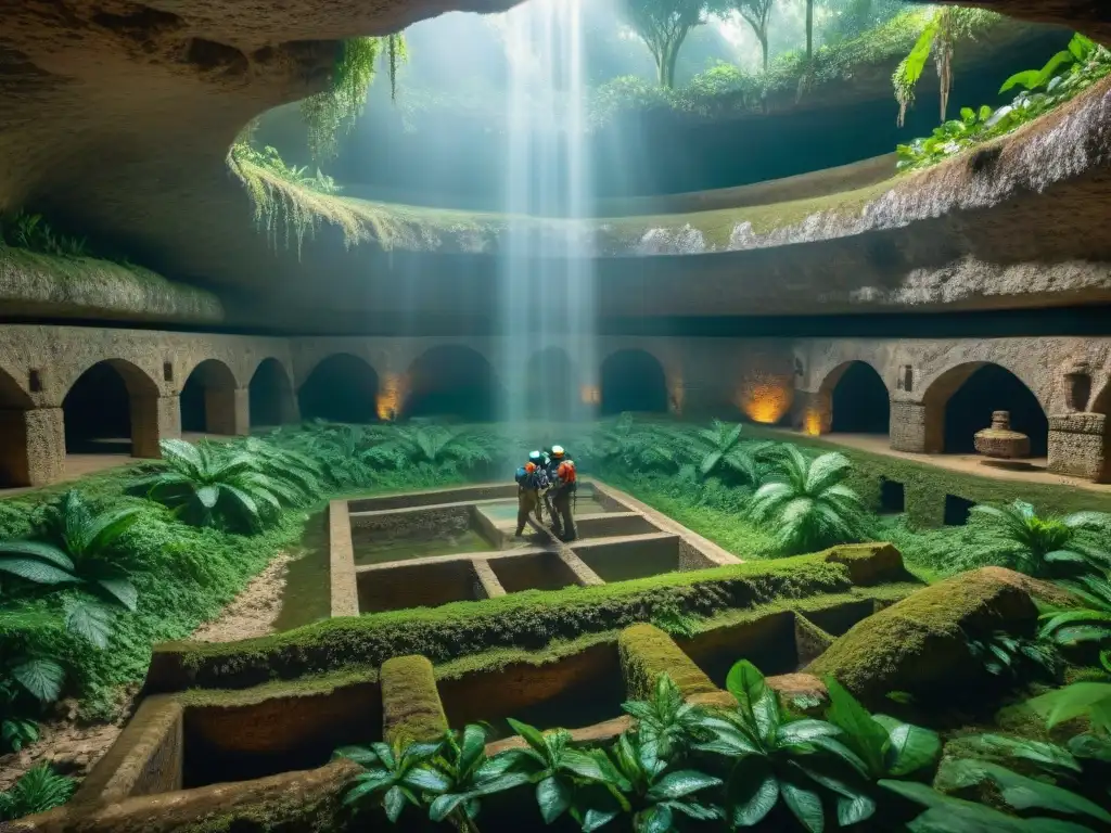 Exploración arqueológica en chultún maya en Yucatán Excavación detallada de arqueólogos en chultún maya en la selva de Yucatán